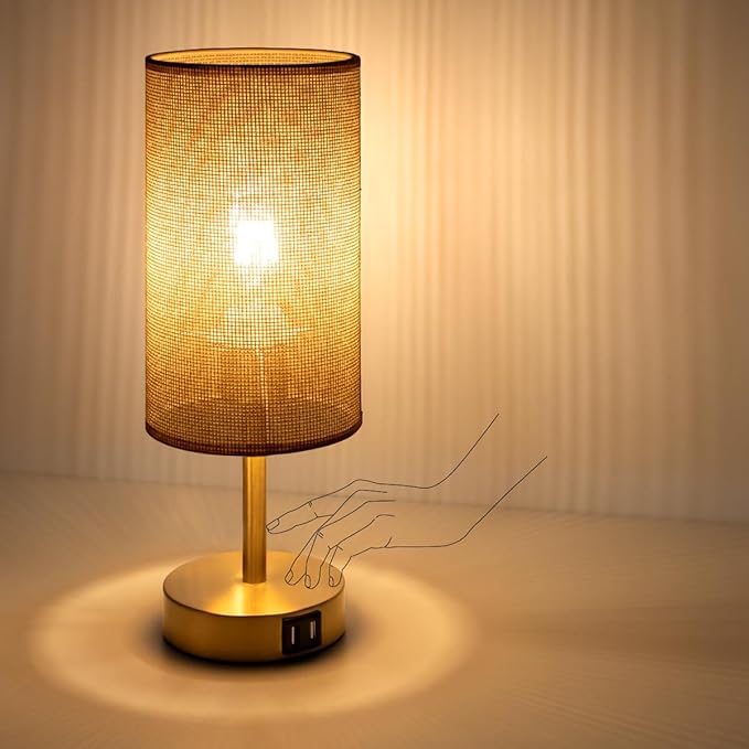 Yarra-Decor Bedside Lamp with USB Port - Touch Control Table Lamp for Bedroom Wood 3 Way Dimmable Nightstand Lamp with Round Flaxen Fabric Shade for Home Office (LED Bulb Included) (Y - NET) - Bloomnest