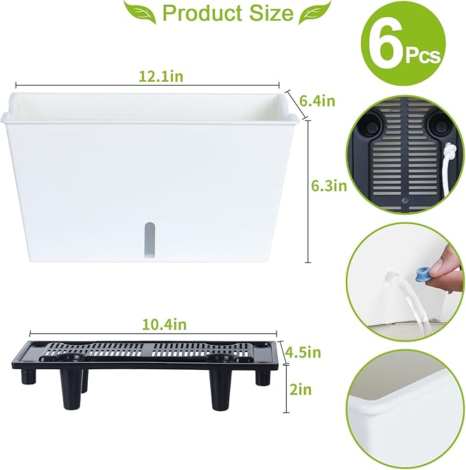 Window Box Planter 6 Pcs, 12.1 Inches Self Watering Plant Pots Rectangle Flower Pots with Drainage Holes and Breathable Trays, Vegetable Planters for Windowsill Patio Garden Balcony Porch Yard (White) - Bloomnest