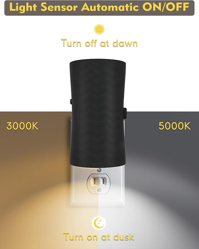 Night Lights Plug into Wall, 360° Rotatable Plug in Night Light with Light Sensor, 3000K/5000K Light Switch, 0-100LM Adjustable Brightness, Dimmable Night Light for Hallway Bedroom Stairway, 2 Pack - Bloomnest