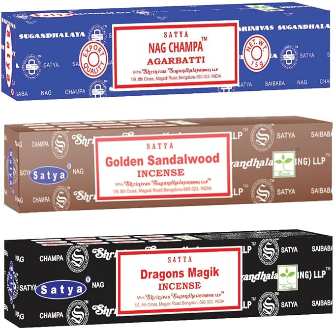 Satya Mystic Mix Incense Sticks 3-Pack Assortment | Slow-Burning, Long-Lasting Nag Champa, Golden Sandalwood & Dragon’s Magik (15g Each) Satya