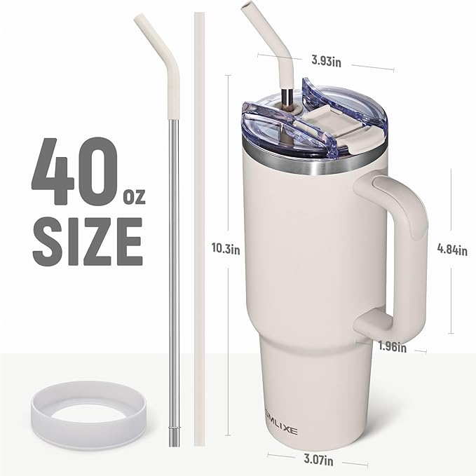 40 oz Tumbler with Handle and Straw Lid,Insulated Reusable Stainless Steel Water Bottle Travel Mug，Cupholder Friendly Double Wall Vacuum Sealed Cup (Almond Birch) - Bloomnest