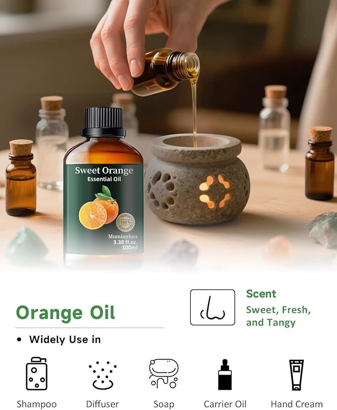 Orange Essential Oil Pure,Mumianhua Natural Sweet Orange Oil for Diffuser, Humidifier, Air Purifier, Skin,Home, Soap, Candle Making, Room Spray, Cleaning 3.38Fl Oz - Bloomnest