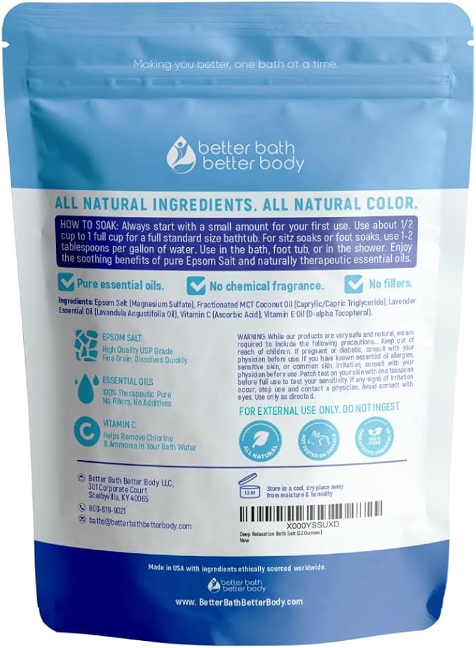 Deep Relaxation Bath Salt 32 Ounces Epsom Salt with Natural Lavender Essential Oil Plus Vitamin C in BPA Free Pouch with Easy Press-Lock Seal - Bloomnest