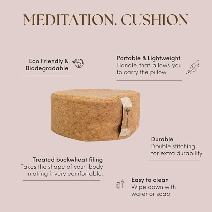 Shakti Warrior Zen Meditation Cushion - Sustainable Cork Fabric Cover, Lined with cotton and filled with treated buckwheat. Non-toxic, eco Friendly Meditation Pillow (15inch x 15inch x 5 Thick) - Bloomnest