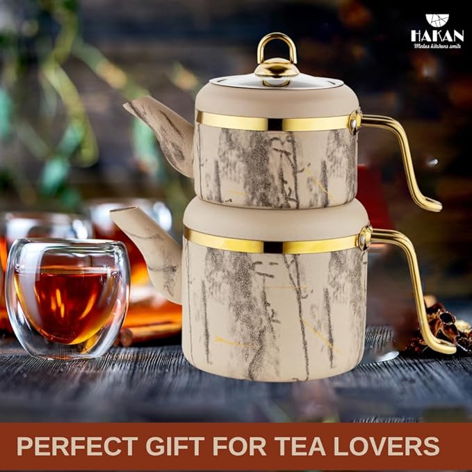 Hakan Melody Turkish Tea Pot Set | 3.5 L Tea Kettles for Stovetop with Stainless Steel Handless and Glass Lid | Aluminum Body Tea Maker | Double Stovetop Kettles with Granite Cover (cream) - Bloomnest