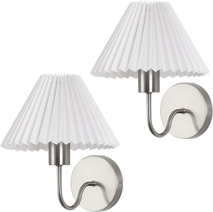 Wireless Wall Sconce Sets of 2, Pleated Shades Rechargeable Battery Operated Wall Sconce, Retro gooseneck Brushed Nickel Bathroom Vanity Lights, Wall Mounted Lamps for Bedroom Living Room Hallway - Bloomnest