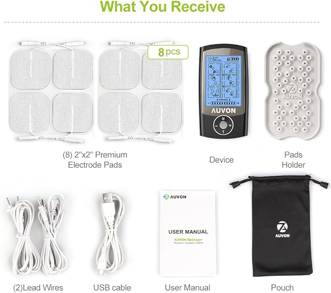 AUVON Rechargeable TENS Unit Muscle Stimulator, 24 Modes 4th Gen TENS Machine with 8pcs 2"x2" Premium Electrode Pads for Pain Relief AUVON
