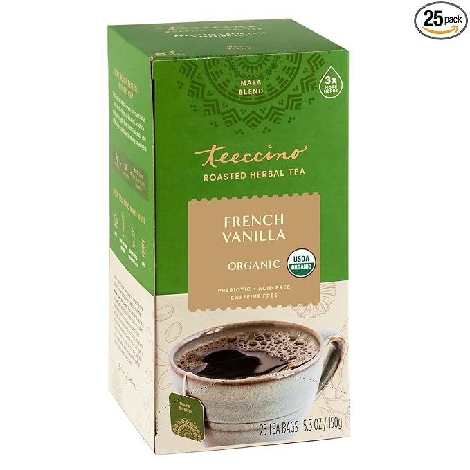 Teeccino French Vanilla Herbal Tea - Rich & Roasted Herbal Tea That’s Caffeine Free & Prebiotic for Natural Energy, Coffee Alternative, 25 Count - Bloomnest