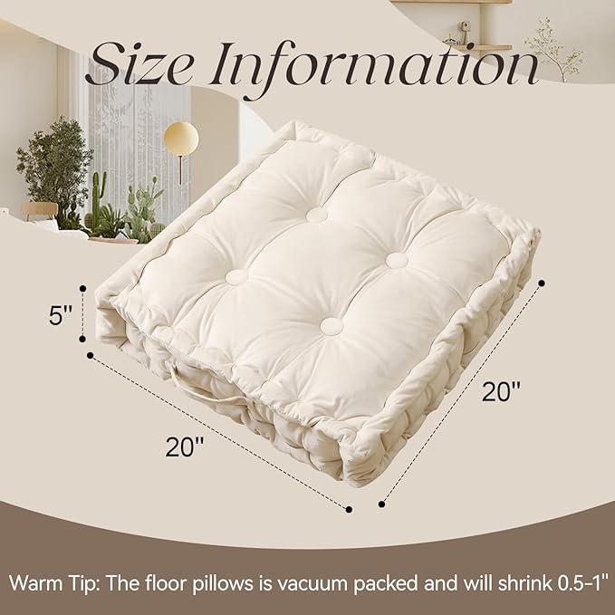 Square Floor Pillows, Large Floor Cushion for Adults Kids, Meditation Floor Pillow Seating Cushion with Shredded Memory Foam and Silk Wadding, 20"x20"x5" Ivory - Bloomnest
