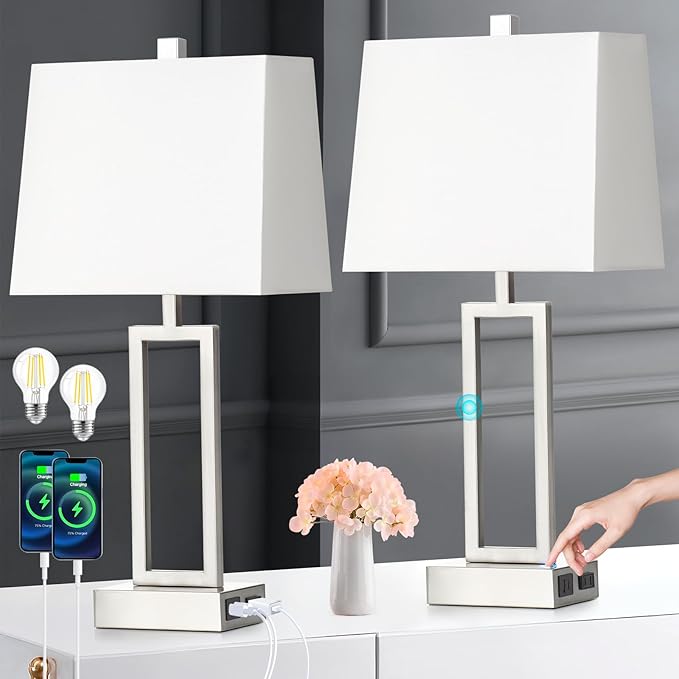 Touch Control Table Lamps for Living Room, 3-Way Dimmable Modern Table Lamp with USB A+C Charging Ports & AC Outlets, Bedside Contemporary Nightstand Desk Lamps with Fabric White Shade for Bedrooms - Bloomnest
