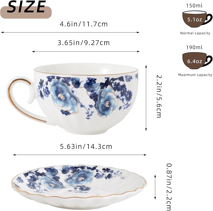 Tea Cup and Saucers, 6.4oz Floral Tea Cups with Gold Trim, Porcelain Bone China Teacup, Coffee Cappuccino Espresso Latte Mugs for Party Birthday,Christmas Gift (White with blue flower) - Bloomnest