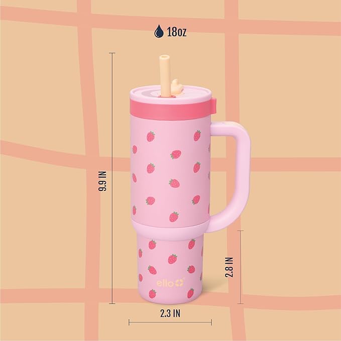 Ello Oasis 18oz Stainless Steel Kids Tumbler with Handle & Retracting Straw, 100% Leakproof, Double-Wall Vacuum Insulated, Kids Water Bottle for School, BPA Free + Dishwasher Safe, Strawberries - Bloomnest