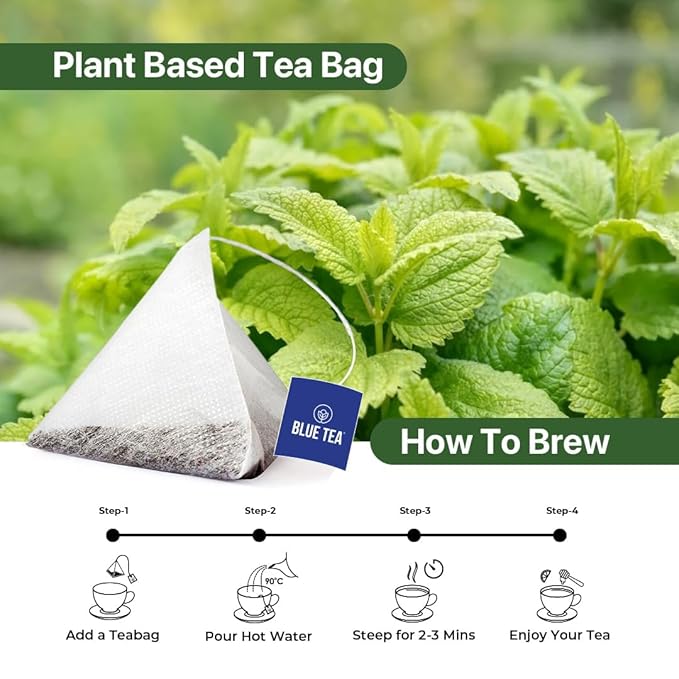 BLUE TEA - Lemon Balm Tea - 30 Count - Pyramid Plant Based Tea Bag | RELIEVES STRESS - IMPROVES DIGESTION | Reduces Bloating | Refreshing Citrus Flavour - Leaf Based - Caffeine Free | Tin Pack - Bloomnest