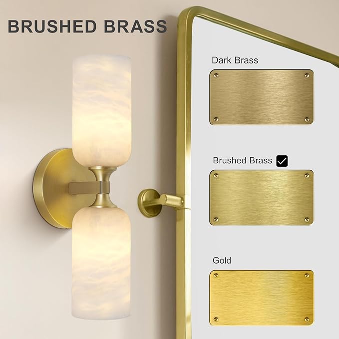 Alabaster Wall Sconces Set of Two, 14in Modern Spanish Natural Marble Bathroom Vanity Sconces, Brass Alabaster Sconce Wall Lighting, Gold Wall Light Fixtures Decor for Bedroom Living Room Staircases - Bloomnest