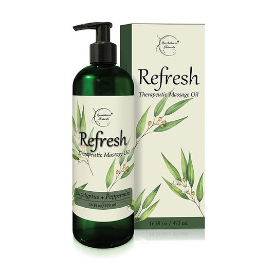 Refresh Massage Oil for Massage Therapy with Eucalyptus & Peppermint Essential Oils - All Natural, Great for Sore Muscles. Ideal for Full Body Relaxation – Nut Free Formula 16oz - Bloomnest