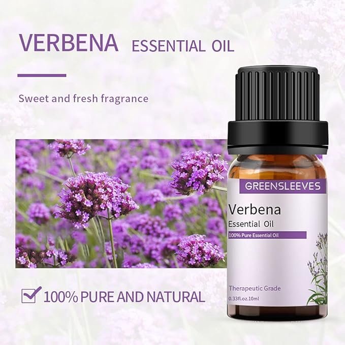 GREENSLEEVES Verbena Lemon Essential Oil Set, 2 x 10ml Pure Plant-Based Fragrance Oil for Aromatherapy, Essential Oils for Diffuser, Massage, Bath Bomb, Scented Candle Soap Making GREENSLEEVES