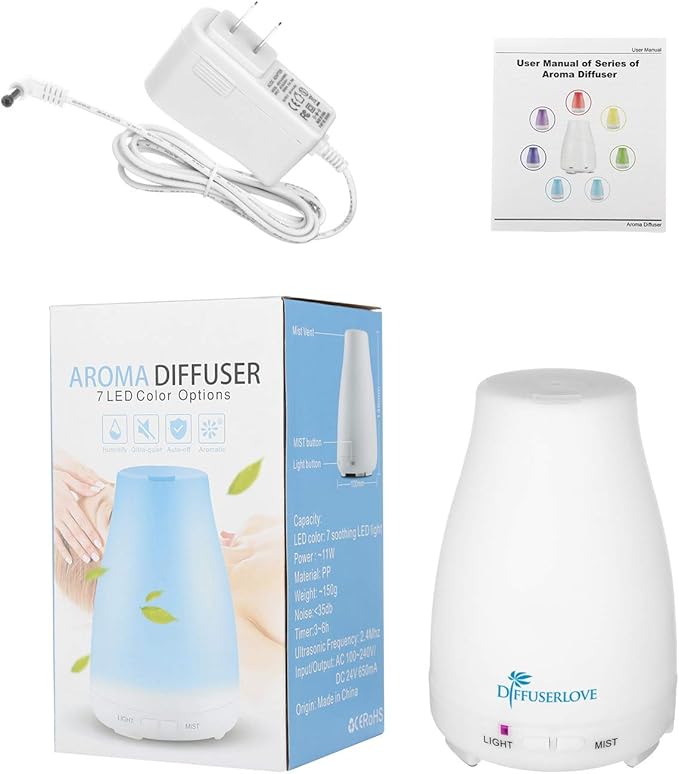 Diffuserlove Essential Oil Diffusers 200ML Remote Control Ultrasonic Mist Humidifiers BPA-Free Aromatherapy Diffuser with 7 Color Lights, Auto Shut-Off for Bedroom Office Kitchen Diffuserlove