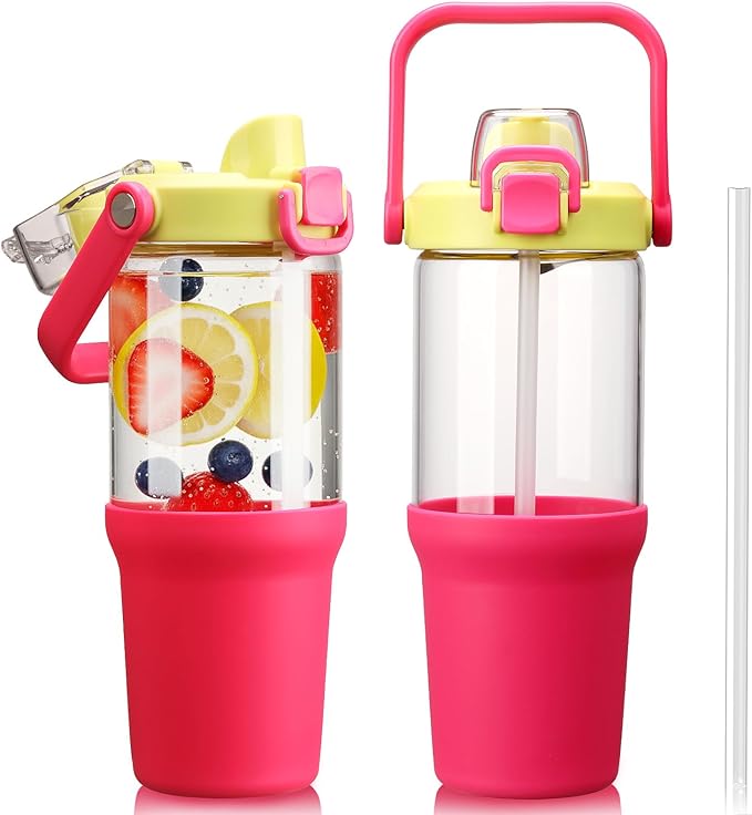 Glass Tumbler with Carry Handle, Clear Glass Water Bottle with Leakproof Lid, Spout Lid&Straw, BPA-Free, 32 oz, Bright Pink - Bloomnest