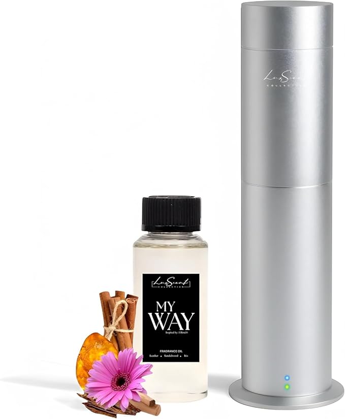 Aroma Scent Diffuser Starter Kit for Up to 1000SQ. FT. Coverage - 120ML Waterless Essential Oil Scent Included - Luxury Aroma Diffuser Ideal for Home, Office & Hotel (Silver, My Way) - Bloomnest