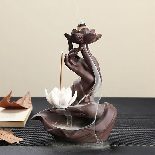 Lotus Backflow Incense Burner– Ceramic Cones Incense Holder with 60 Incense Cones + 30 Sticks + 1 Mat+1 Tweezers | Waterfall Incense Burner & Waterfall Fountain | (Black) - Bloomnest