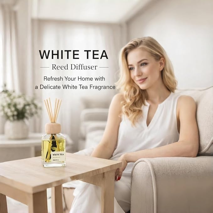 White Tea Essential Oil Reed Diffusers,Luxury Hotel Collection Diffuser Oil Inspired by Westin for Home&Office, Bedroom Living Room Shelf Decor,Bathroom Accessories,Non-Toxic & Gift Ready,3.34 FL OZ - Bloomnest