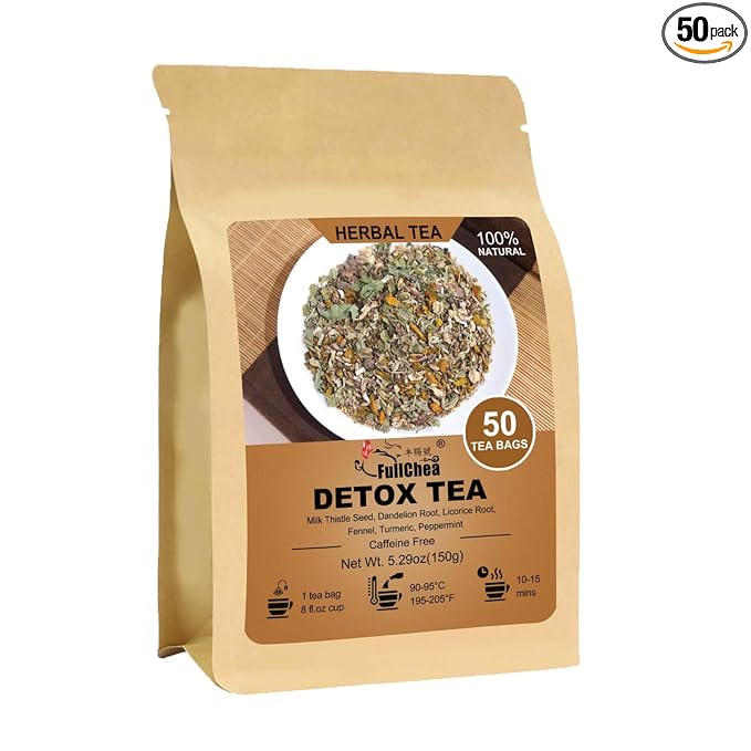 FullChea - Detox Tea Bags, 50 Teabags Liver Detox Tea, With Milk Thistle Seed, Dandelion Root, Licorice Root, Fennel, Turmeric, Peppermint - Liver Cleansing and Support - Bloomnest