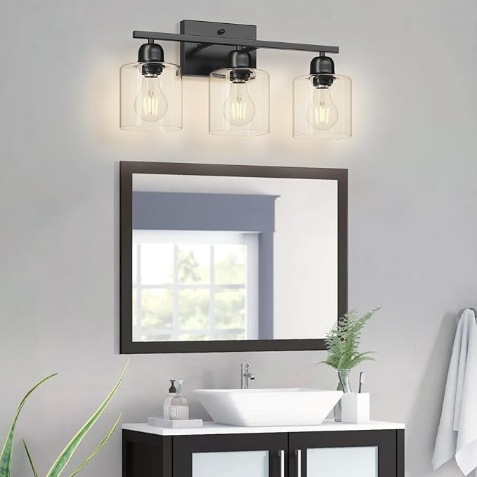 Modern 3 Light Bathroom Light Fixtures, 19 inch Black Vanity Lights for Bathroom with Clear Glass for Mirror Kitchen Living Room Hallway Cabinet Porch - Bloomnest