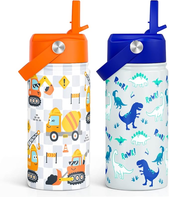 SANDJEST Kid Water Bottle 12oz with Straw Lid - 2-Pack Insulated Stainless Steel Water Bottles for Kids Girls - Travel Cup for School Sports, Construction & Dinosaur - Bloomnest