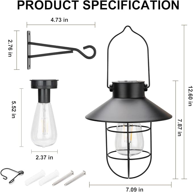 pearlstar Solar Lantern Outdoor 2 Packs Hanging Light Metal Solar Lamp with Warm White Edison Bulb Design for Garden Yard Patio Proch Decor(Black) - Bloomnest