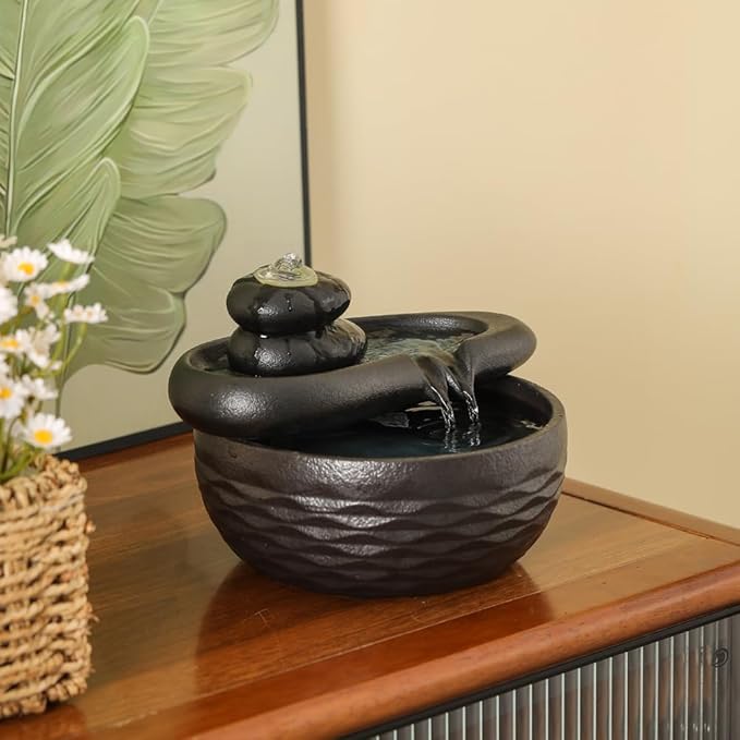 Ceramic Tabletop Desktop Fountain Indoor Home Kitchen Office Decoration (Black) - Bloomnest