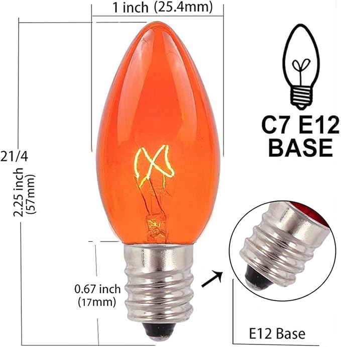25 Pack Orange Replacement Bulbs C7 Halloween Glass Replacement Bulbs for Outdoor String Light, Patio Lights, C7/E12 Candelabra Base 5 Watt Great for Night Lights and Halloween Bulbs - Bloomnest
