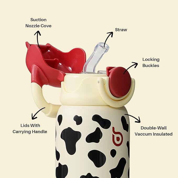 BOTTLE BOTTLE Kids Insulated Water Bottle with Straw Lid and Handle 16 oz Stainless Steel Vacuum Tumbler Water Bottles for School Outdoor Travel Gifts for Boys and Girls Cow - Bloomnest