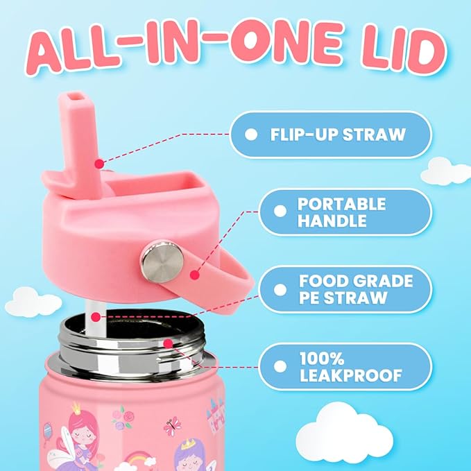 Princess Water Bottle for Girls - Kids Water Bottle with Straw Lid - 12 Oz Insulated Stainless Steel Water Bottles for Kid - Travel Cup for School Sports - Bloomnest