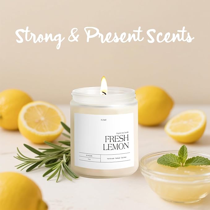 Fresh Lemon Highly Scented Candle for Home, 9oz Natural Soy Aromatherapy Non Toxic Candles with Essential Oil, Home Fragrance Stress Relief & Meditation Jar Candles Gifts for Women & Men, White - Bloomnest