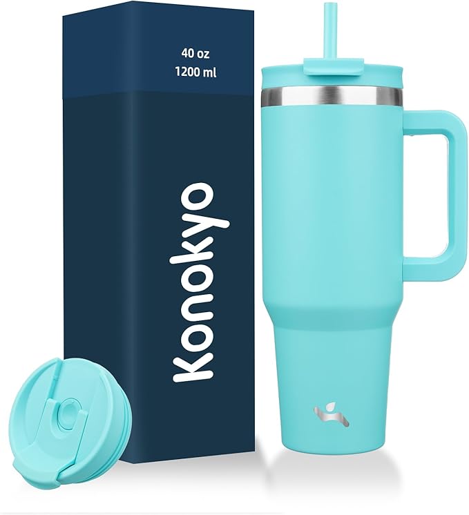 40 oz Tumbler with Handle and 2 Straws,2 in 1 Lid Insulated Water Bottle Stainless Steel Travel Coffee Mug,Turquoise - Bloomnest