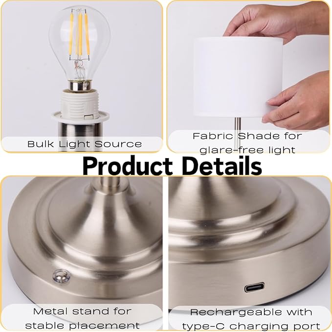 Rechargeable Table Lamp, Cordless Touch Lamps, Portable Desk Light with Stepless Dimmable Brightness & Fabric Shade for Nightstand Bedside Living Room (Silver, Straight) - Bloomnest
