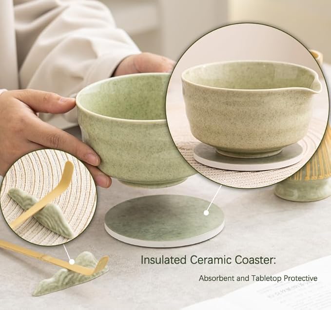 Japanese Matcha Set, Matcha Bowl with Spout and Coaster, Matcha Whisk and Holder, Sifter, Scoop, Spoon, Cleaning Brush,10 Pcs Complete Ceramic Matcha Kit - Bloomnest