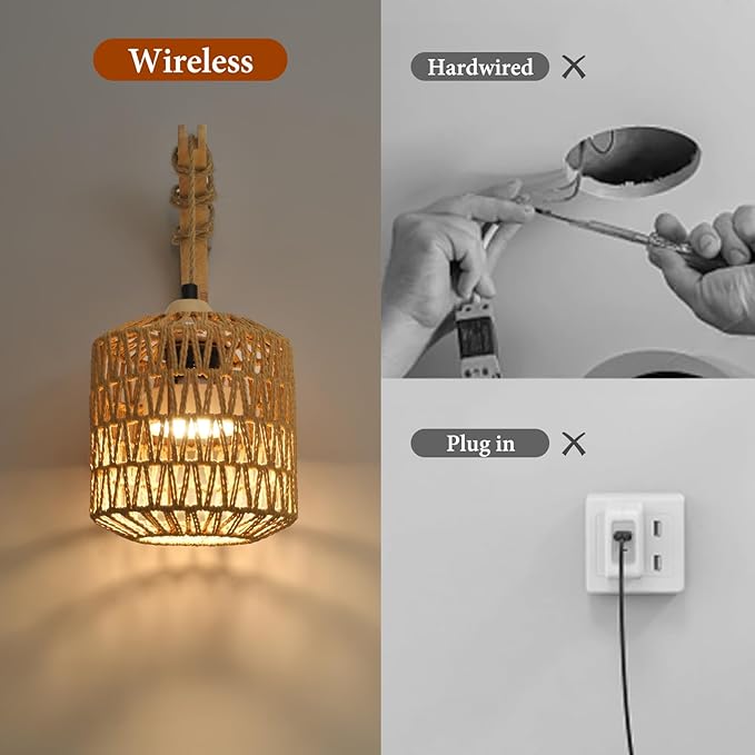 Battery Operated Wall Sconce Set of Two, Rechargeable Rattan Wall Sconces with Remote RGB 15 Colors Dimmable, Farmhouse Boho Wall Lights for Bedroom Living Room Entryway - Bloomnest