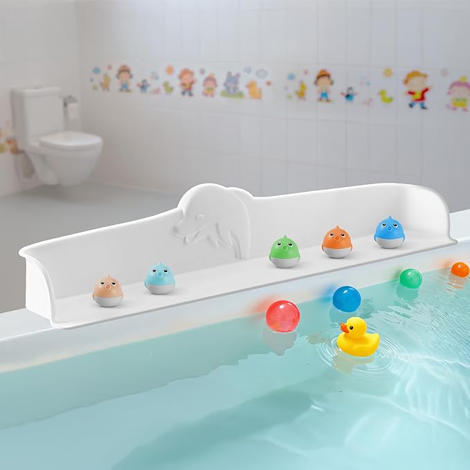 3FT Dolphin Pattern Bathtub Splash Guard Play Shelf for the Wide &Straight Bathtub Edge Toy Tray Caddy Holder Storage Suction Cups Attach to Bath Tub No Mess Water Spill in Bathroom (White) - Bloomnest