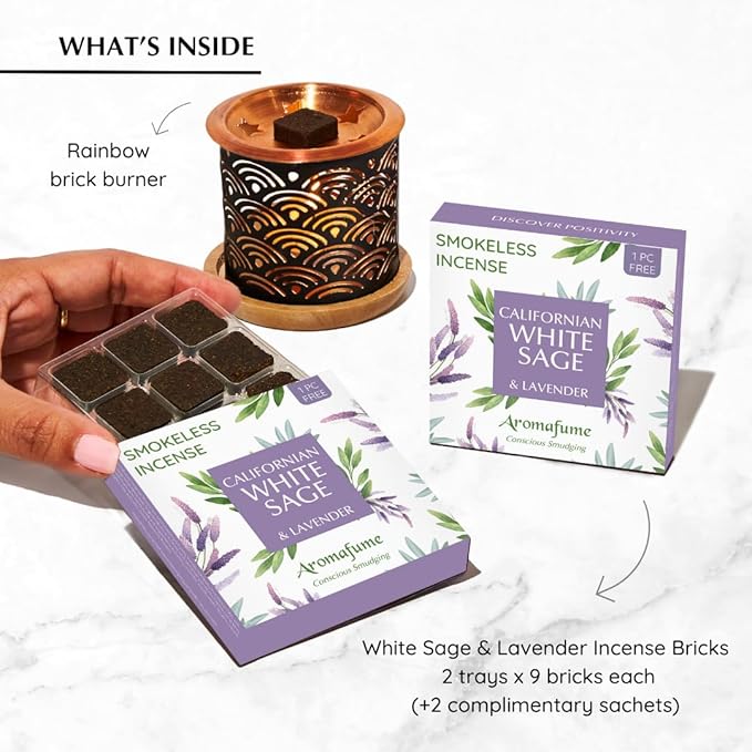 White Sage & Lavender Incense Bricks with Rainbow Exotic Burner by Aromafume | 2x9 Bricks | Sage Incense for Cleansing Negative Energy & Protection | Sage for Smokeless Smudging, Spiritual Cleansing Aromafume
