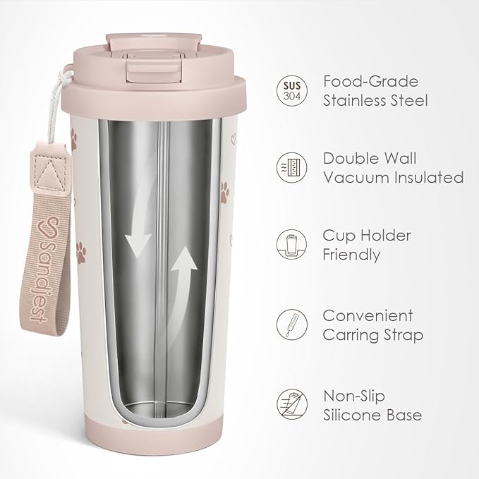 Paw Print Tumbler - Stainless Steel 2-in-1 Lid Coffee Tumbler 18 oz, Insulated Travel Mug Gift for Dog Mom Dog Lovers Women Girls Teens, Birthday Christmas - Bloomnest