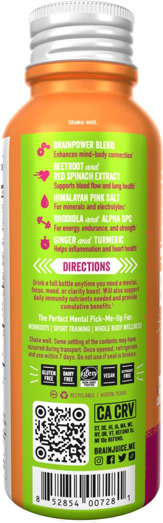 BrainJuice Active Focus & Energy Drink Shots, Supports Endurance, Recovery & Clarity, Non-GMO, Gluten Free, Nootropics, Alpha GPC, B Vitamins & Organic Green Tea, Pomegranate Acai, 2.5 fl oz, 12 Pack - Bloomnest