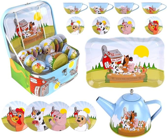 Regal Games Old Macdonald’s Tea Time - Barnyard Animal Designed Kid's Tea Time Set - Includes 1 Teapot, 4 Cups, 4 Saucers, 1 Platter & Storage Case - Ideal Birthday & Easter Gift for Ages 5+
