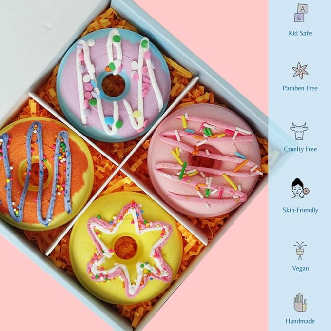 KAV Donut Bath Bombs Gift Set – 4 Piece Handmade Organic Bath Bomb Kit with Essential Oils – Relaxation Spa Gift for Women, Men, Teens, Kids – Self Care & Aromatherapy Soak - Bloomnest