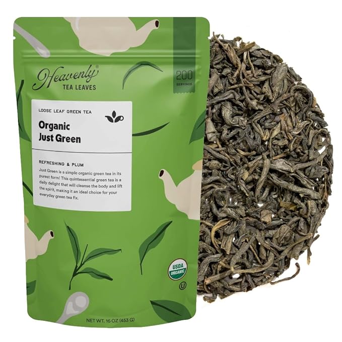 Heavenly Tea Leaves Organic Just Green, Bulk Loose Leaf Green Tea, 1 Lb. (Approx. 200 Servings) - Antioxidant Rich, Immune Boosting, Hot or Iced Tea, Great Natural Energy Source - Bloomnest