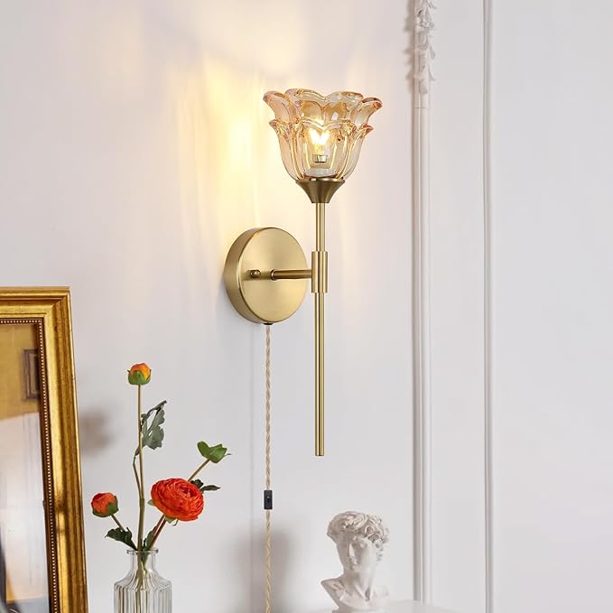 2 Pack Plug in Gold Wall Sconce with Modern Amber Glass Shades, Modern Mid Century Bathroom Vanity Wall Light Fixtures, Industrial Brushed Brass Wall Lamp, for Bedroom Mirror Living Room - Bloomnest