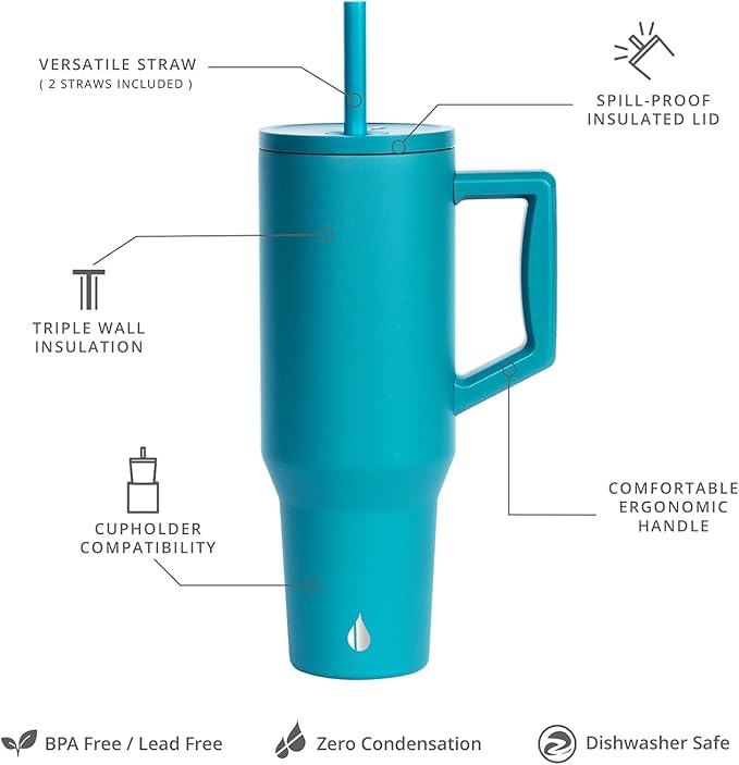 Elemental 40 oz Tumbler with Handle and Straw - Spill Proof Insulated Stainless Steel Commuter for Hot and Cold Beverages - Travel Coffee Mug with 2 Straws & Spill Proof Lid - 40oz - Teal - Bloomnest