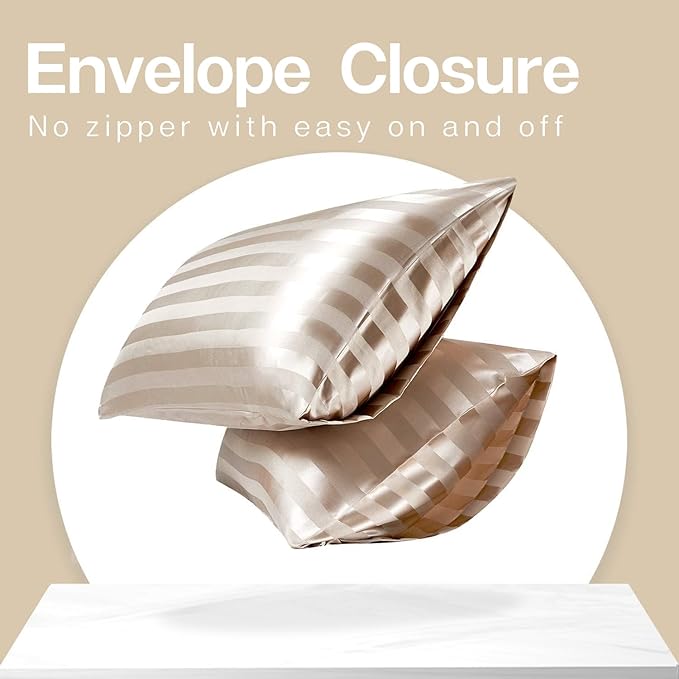 MR&HM Satin Pillowcase for Hair and Skin, Silk Satin Pillowcase 2 Pack, Queen Size Pillow Cases Set of 2, Silky Pillow Cover with Envelope Closure (20x30, Champagne Striped) - Bloomnest