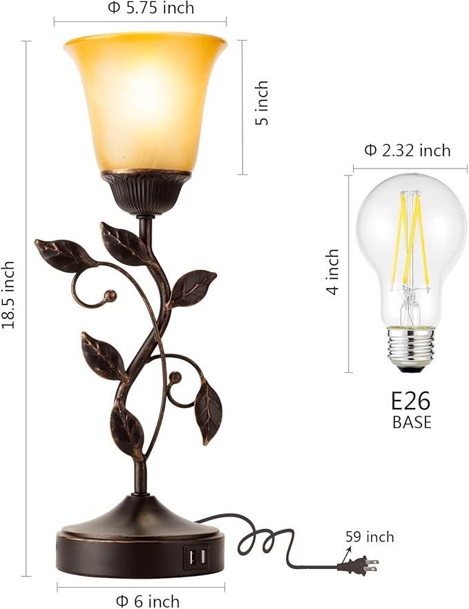 Touch Control Table Lamp with 2 USB Charging Ports, 3-Way Dimmable Bedside Nightstand Lamps, Amber Glass Shade Vintage Rural Leaf Lamp for Living Room, Bedroom, Dresser, LED Bulb Included (Bronze) - Bloomnest