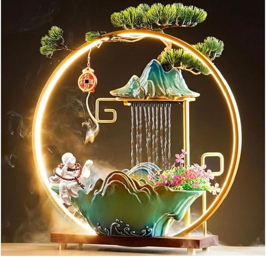 Tabletop Water Fountains, Indoor Water Fall with LED Light Zen Decor for Meditation with Mist, Japanese Decor with Fake Plants Feng Shui Decor for Good Luck Wealth - Bloomnest
